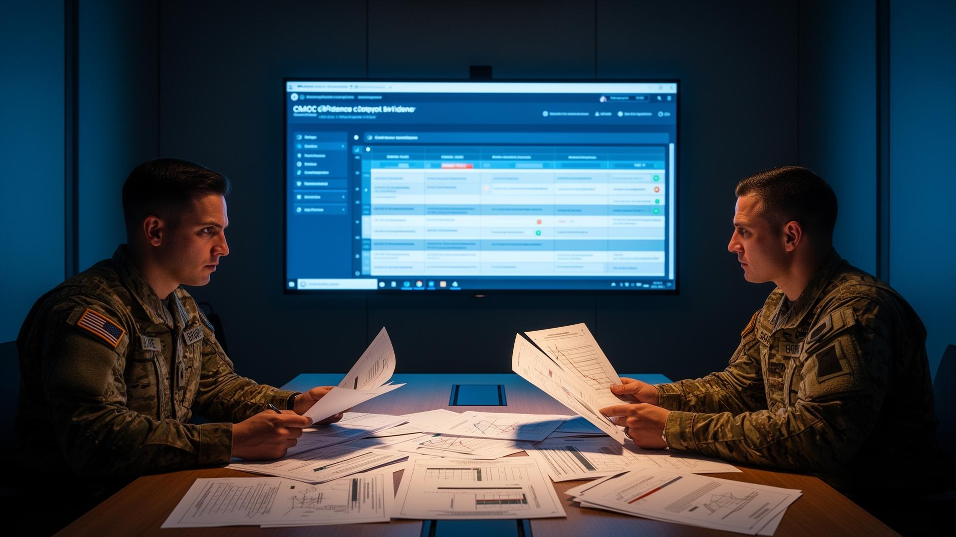 Maverc consultants reviewing CMMC control evidence with a defense client during pre-assessment readiness
