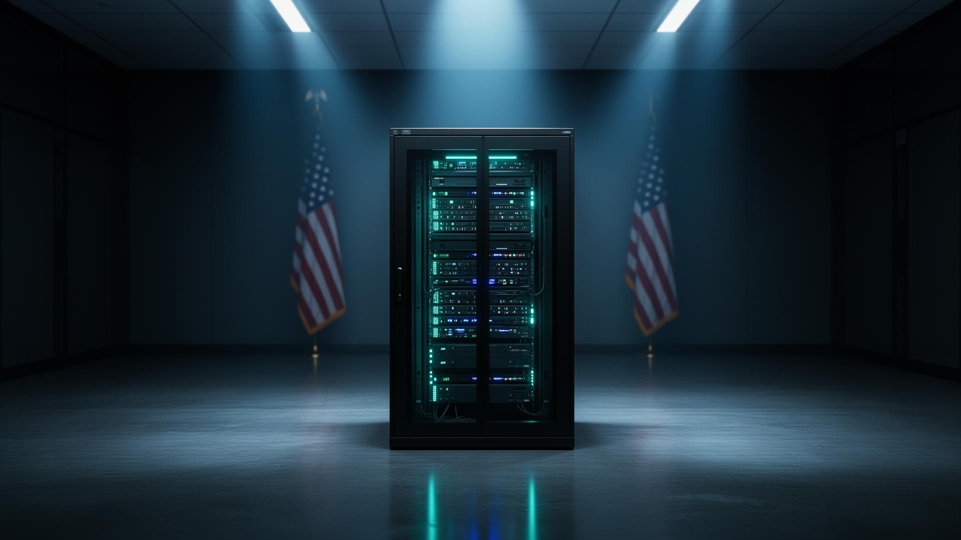 Hardened CUI enclave server rack inside a secure SCIF-style data room — representing CMMC-scoped Microsoft 365 GCC High and Azure Government environments
