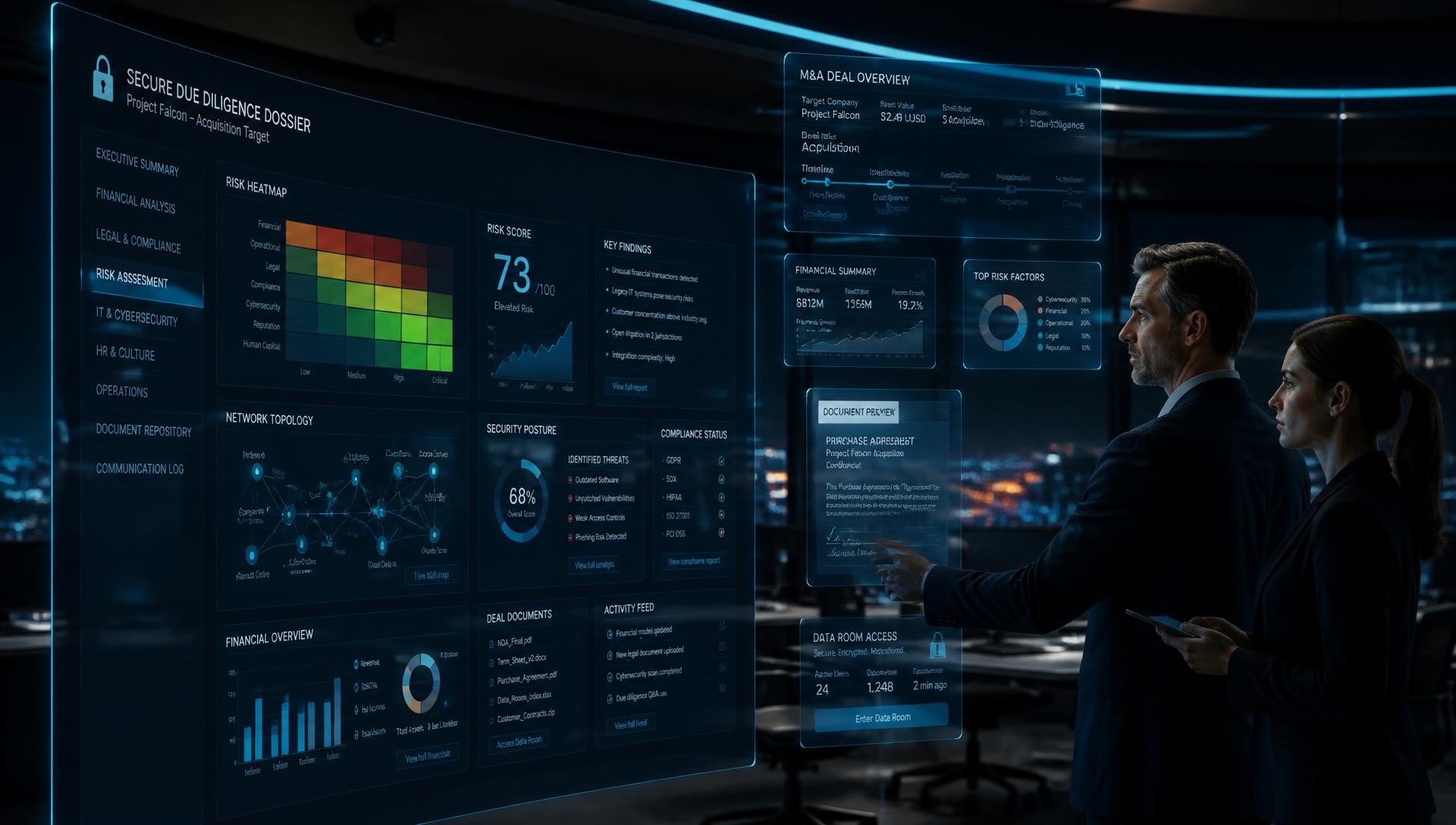Deal advisory team reviewing cybersecurity risk during a merger and acquisition transaction