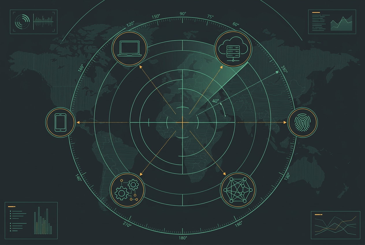 Radar-style coverage diagram connecting endpoint, cloud, identity, mobile, industrial, and network sensors