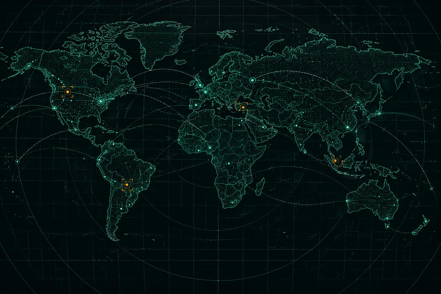 Illustrative cyber threat map with global telemetry paths and highlighted anomaly markers